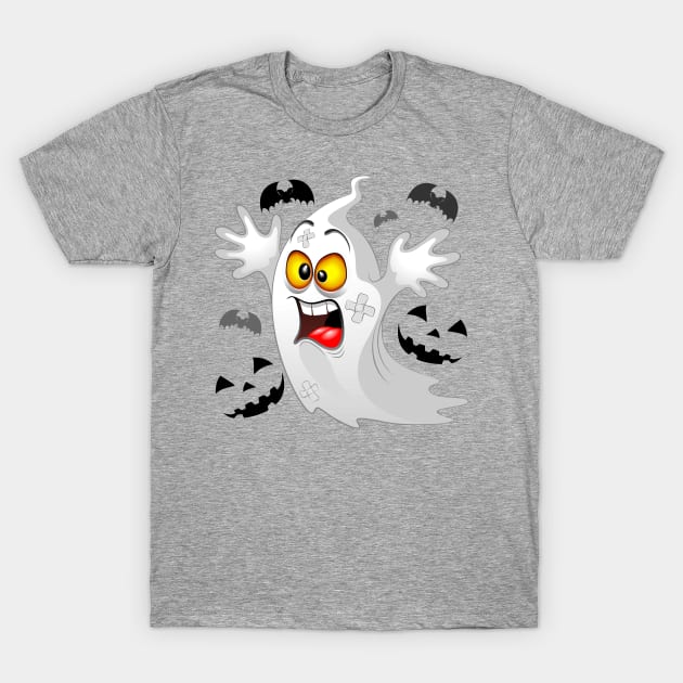 Ghost Funny Halloween Character Scared by Pumpkins and Bats T-Shirt by BluedarkArt